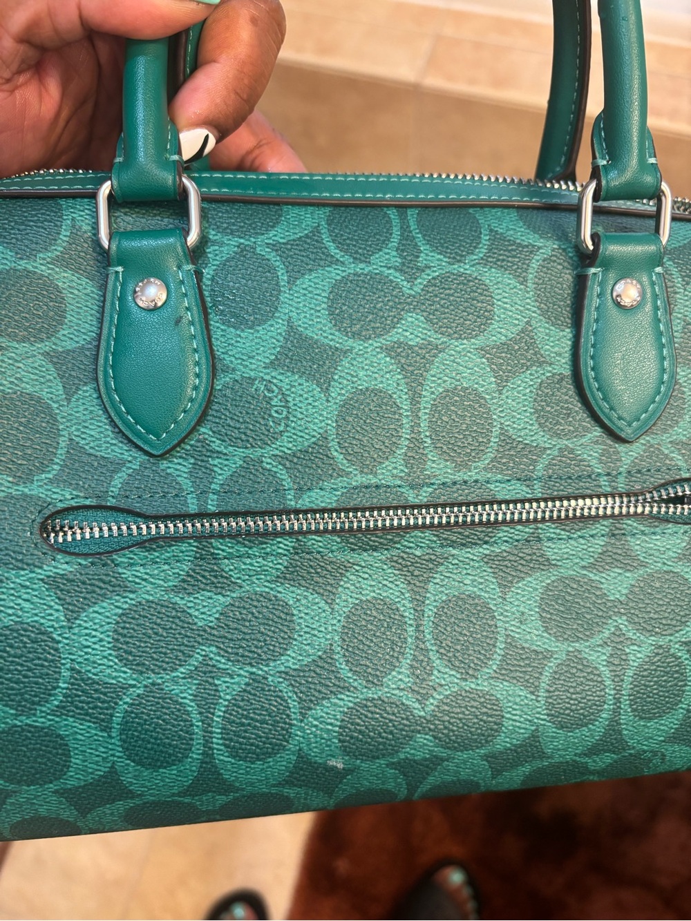 Coach Teal Signature Satchel - Teal Logo Print